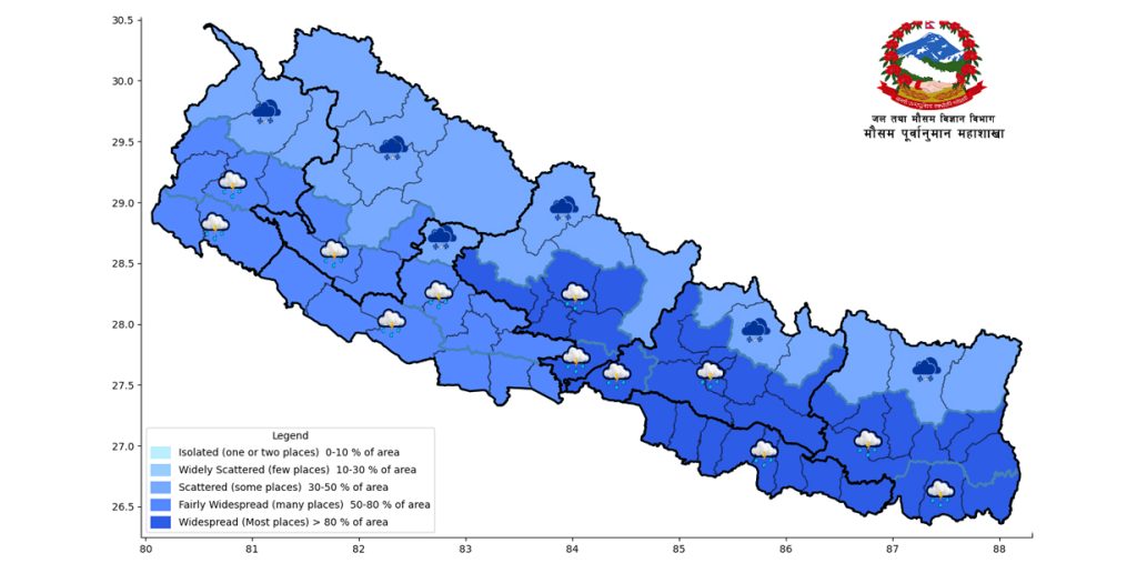मनसुनी प्रभाव बढ्यो, मधेशदेखि गण्डकीसम्म वर्षाको जोखिम